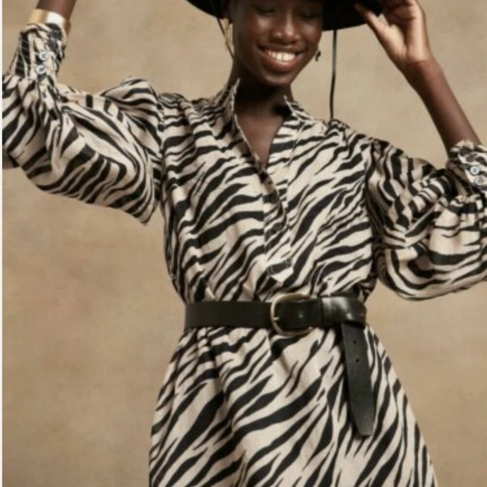 NEW! $159 BANANA REPUBLIC Popover Ramie Zebra Shirt DRESS Size S 4 6 Black Ecru